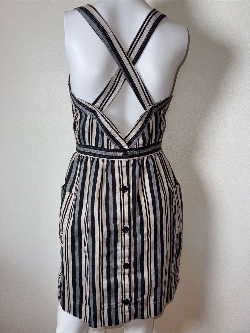 Madewell Evelyn Stripe Apron Mini Dress Linen Blend Cross Back Pockets Size 4 - Picture 3 of 8